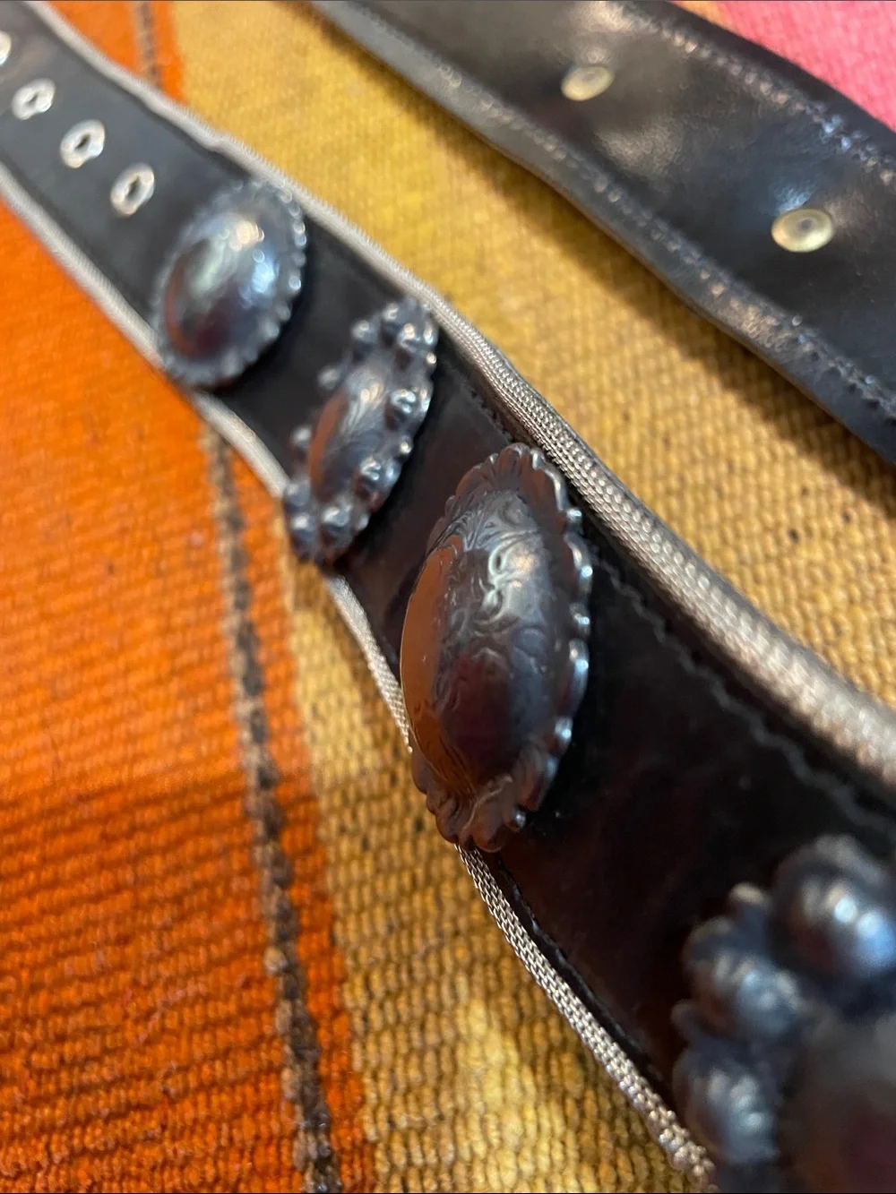 Another Line Black Western Faux Leather Belt with Engraved Pewter Conchos